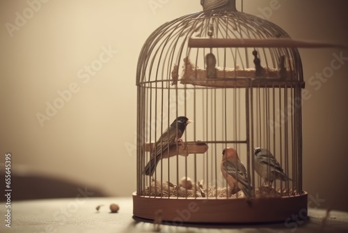 A birdcage filled with birds sitting on top of a table © Marius