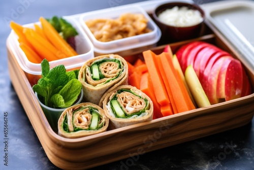 lunchbox filled with small wraps, carrot sticks, and apple slices