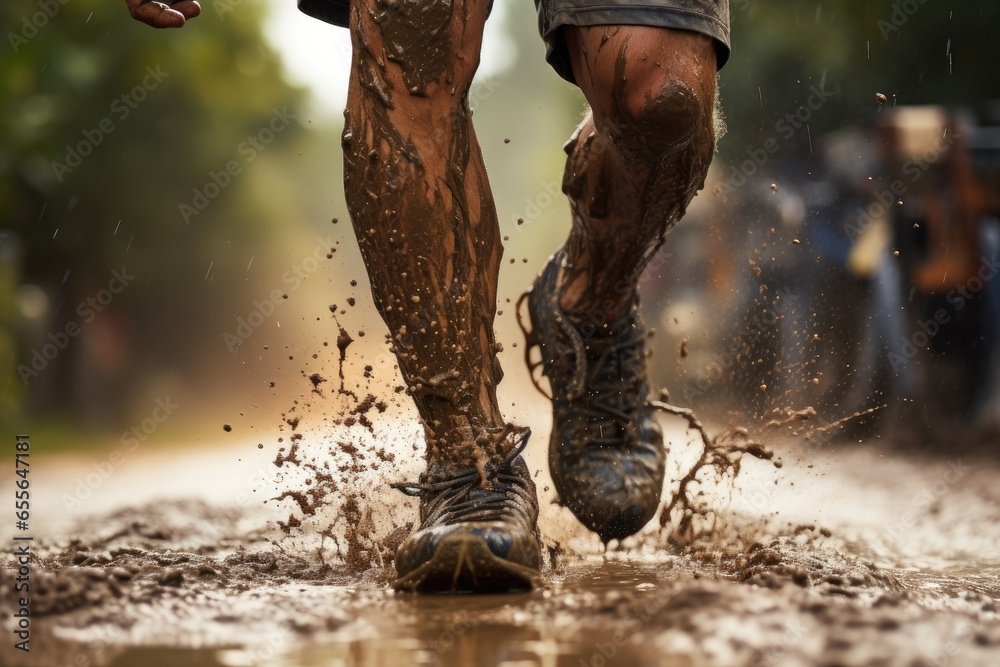 Close up athlete feet trail running with raining day. Sport and Healthy concept. Generative AI