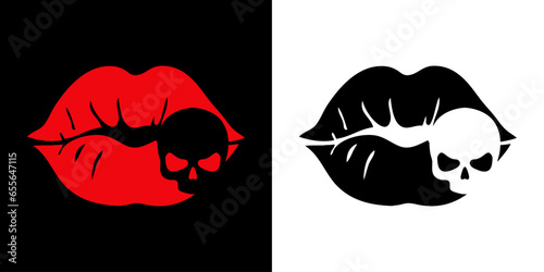Logo con silueta de labios de mujer con calavera en espacio negativo para su uso en invitaciones y tarjetas de Halloween
