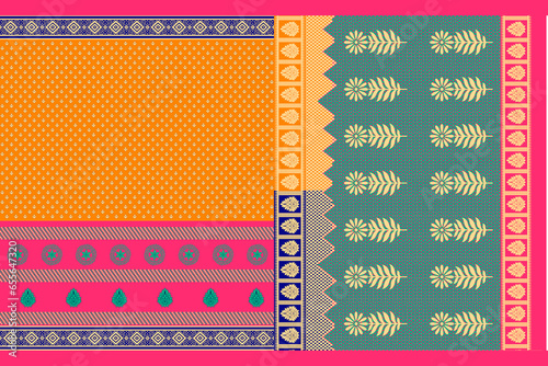 Abstract border pattern geometrical textile printed saree design illustration  in colorful background and digital Flower design..