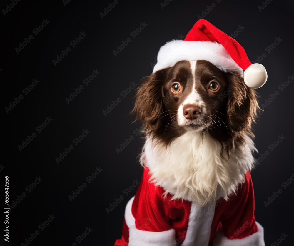Dog cute puppy wearing Santa Claus costume on Christmas
