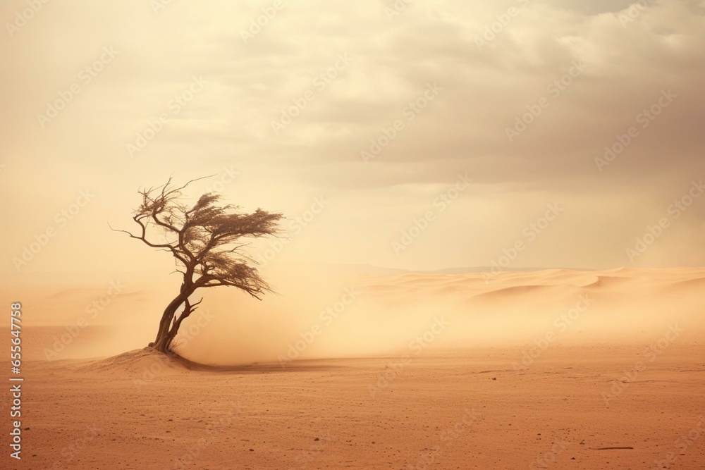 A single tree in the expansive Sahara desert, enduring a fierce sandstorm. Generative AI