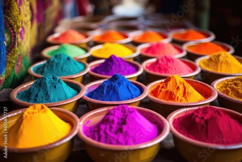 pots of brightly colored holi powder ready to use