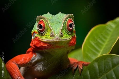 Close-up of stunning Indonesian lizard  D. olivacea  on olive tree leaves with a natural backdrop. Generative AI