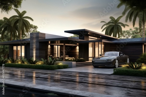 Contemporary home in charcoal shades with easy access and carport. Generative AI