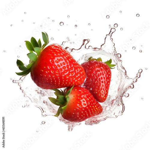3 strawberries falling into water isolated on transparent background or white background, png