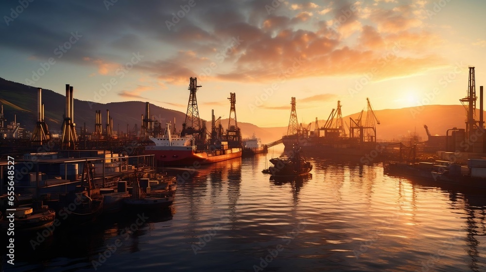 Sun rises over a bustling industrial harbor scene