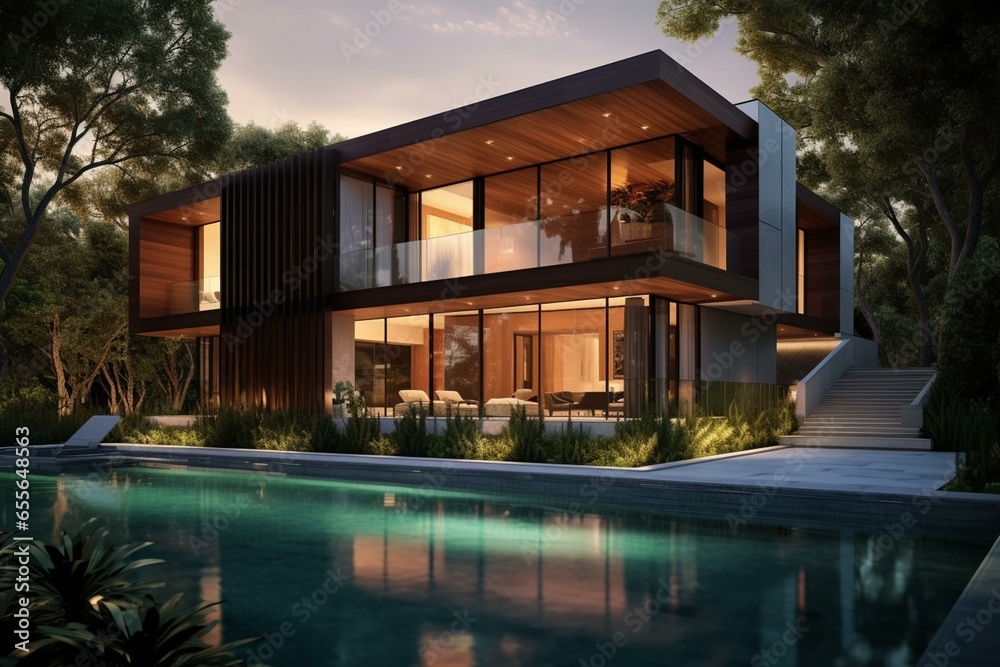 Contemporary home featuring a pool and lush outdoor space. Generative AI