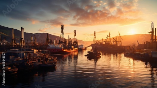 Sun rises over a bustling industrial harbor scene