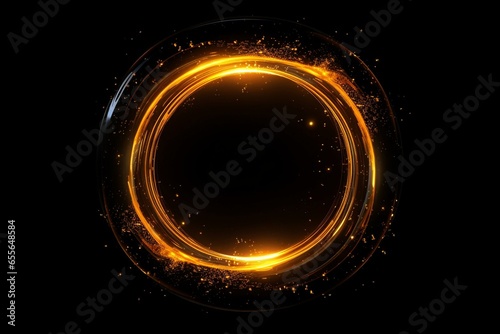 Abstract yellow-orange rotating portal ring with glowing particles on alpha channel and black background. Generative AI