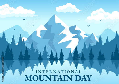 International Mountain Day Vector Illustration on December 11 with Mountains Panorama, Green Valley and Trees in Flat Cartoon Background Design