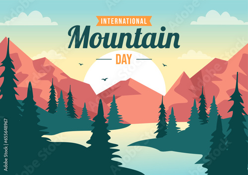 International Mountain Day Vector Illustration on December 11 with Mountains Panorama, Green Valley and Trees in Flat Cartoon Background Design