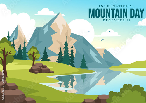 International Mountain Day Vector Illustration on December 11 with Mountains Panorama, Green Valley and Trees in Flat Cartoon Background Design