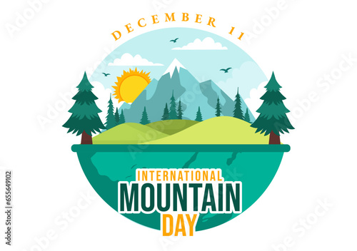 International Mountain Day Vector Illustration on December 11 with Mountains Panorama, Green Valley and Trees in Flat Cartoon Background Design