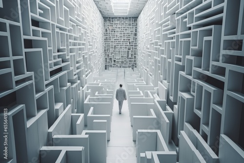 A man navigating a labyrinthine room