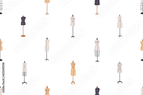 Mannequins, seamless pattern. Manikins, endless background. Fashion dummies, repeating sewing atelier print. Manequins, printable texture design. Repeatable flat vector illustration for textile