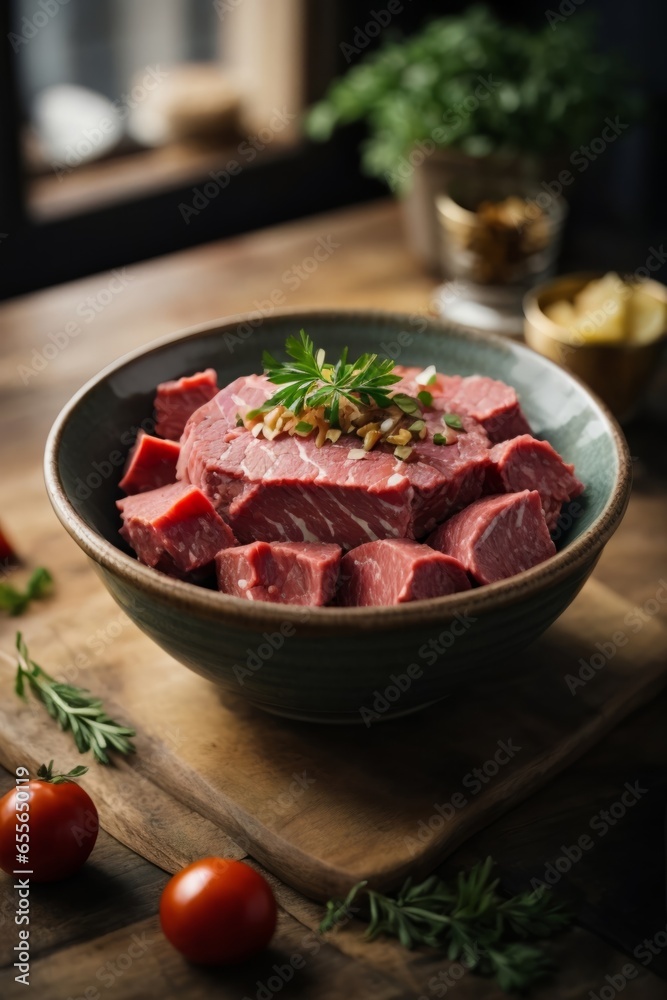 A raw meat bowl on a cutting board