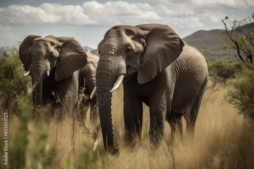 Two elephants standing in tall grass
