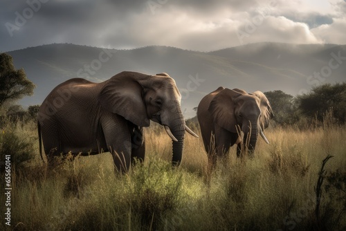 Two majestic elephants standing in a picturesque field with breathtaking mountain views © Marius