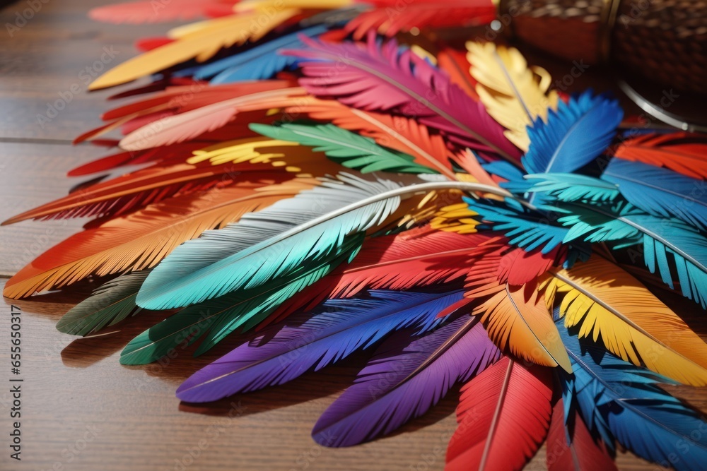 Obraz premium colorful feathers background as beautiful abstract wallpaper header. Copy space.