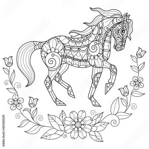 Horse and flower vine hand drawn for adult coloring book