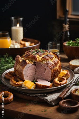 A delicious ham on a plate ready to be enjoyed