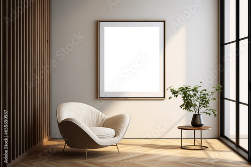 3d minimalistic interior with mockup painting on the wall. Armchair with lamp. Sunlight