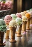 A colorful display of ice cream cones on a table