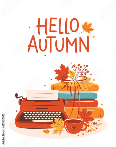 Hello autumn. Vintage typewriter, books, cup coffee or tea with autumn bright leaves. Design elements for bookstore, festival or advertising. Vector illustration