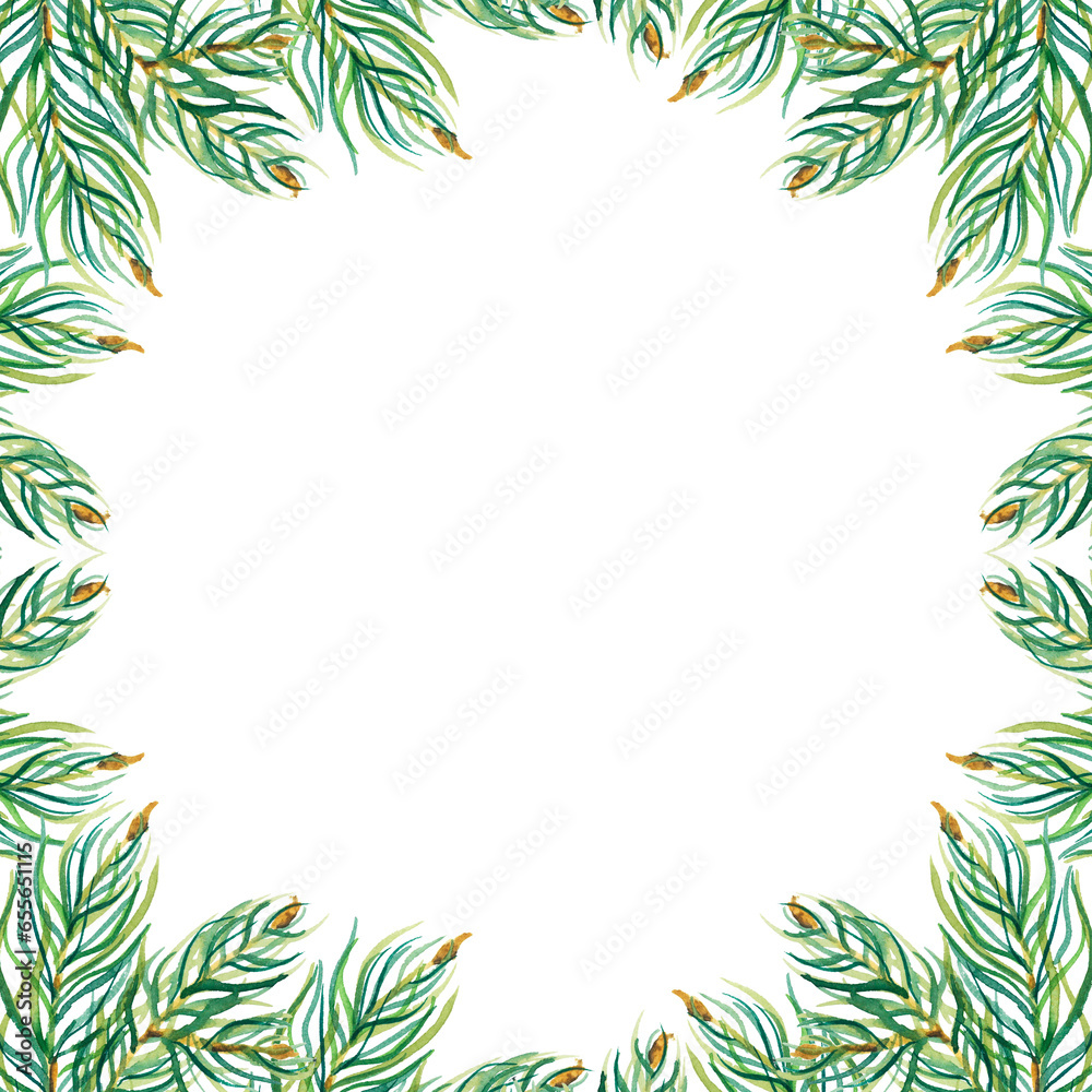 Watercolour fir square branches frame. Hand drawn illustration isolated on white, decoration for Christmas and New Year.