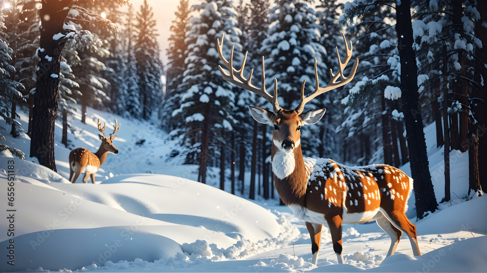 Beautiful scene with a deer in a winter snowy forest Beautiful scene with a deer in a winter snowy forest