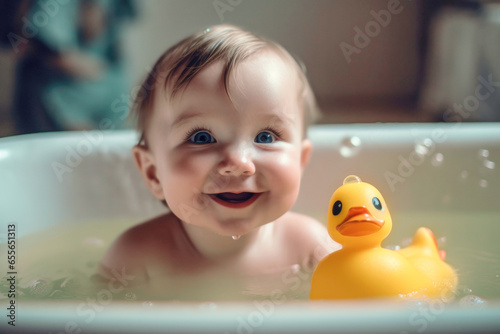 Portrait of happy smiling satisfied baby taking a bath with rubber ducks toys