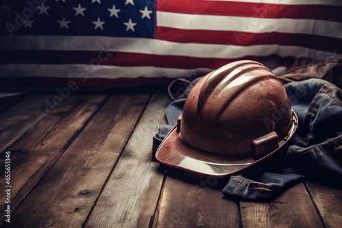 American flag and hardhat worker and labor day background. Generative AI