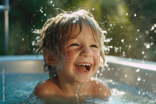 Portrait of happy smiling satisfied kid taking a bath with splashing water drops