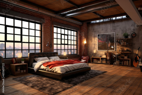 Modern stylish loft bedroom interior with big windows © Goffkein