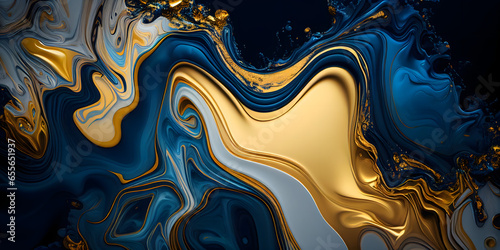 Abstract marble textured background. Fluid art modern 3d wallpaper. Luxury marble with blue and gold paint. Generative Ai. photo