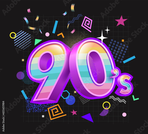 90's graphic design template. Memphis poster, card or invitation with geometric elements. Back to the 90s. Vector illustration background.