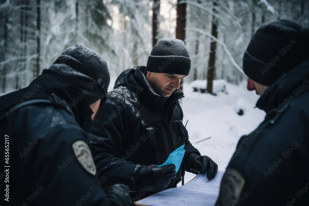 Officers conducting a tactical briefing in a snow-covered field, highlighting leadership and strategy. Generative Ai Officers conducting a tactical briefing in a snow-covered field, highlighting leadership and strategy. Generative Ai