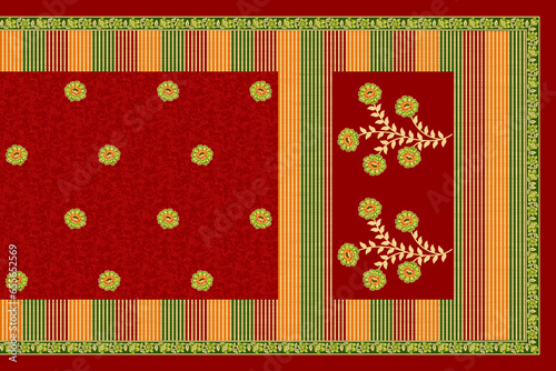 Abstract border pattern geometrical textile printed saree design illustration  in colorful background and digital Flower design.. photo