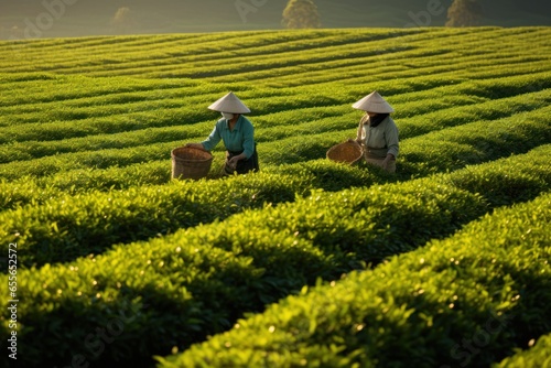 Farmers, people, workers harvest tea leaves. Working in the tea fields at dawn. AI generated