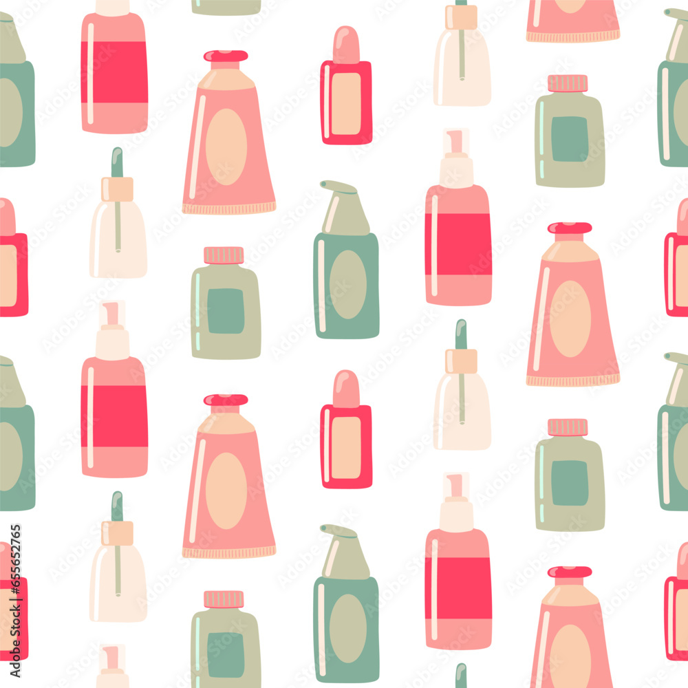 Seamless pattern with of Beauty elements, bottle, containers, jars. cream, lotion, toothpaste, soap, conditioner background Seamless pattern with of Beauty elements, bottle, containers, jars. cream, lotion, toothpaste, soap, conditioner background