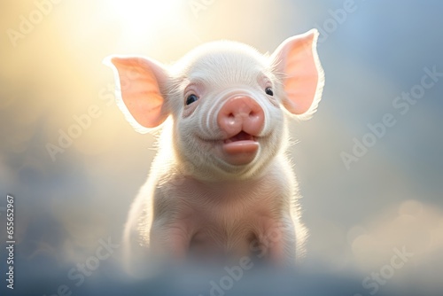 Healthy, happy and smiley baby pigs in the green field. Ai generative