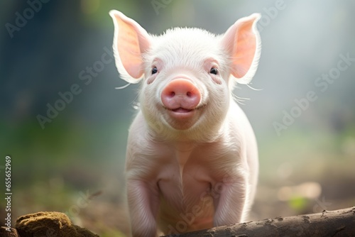 Healthy, happy and smiley baby pigs in the green field. Ai generative © Attasit