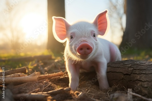 Healthy, happy and smiley baby pigs in the green field. Ai generative