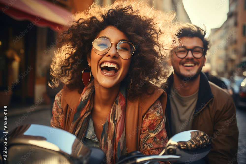 Young couple laugh riding motorbike in city. Happy student lifestyle job girl laughing driving cheerful smiling. Girlfriend and boyfriend travel on holidays. Love, romance fun on vacation concept - obrazy, fototapety, plakaty 