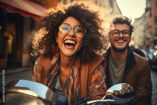Young couple laugh riding motorbike in city. Happy student lifestyle job girl laughing driving cheerful smiling. Girlfriend and boyfriend travel on holidays. Love, romance fun on vacation concept