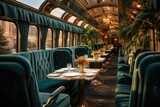 A private train with leather seats and a tray table in the style of modern luxury, overlooking the sky through a window. Generative AI