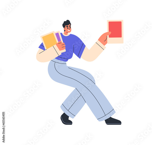 Promoter, distributor with flyers in hands. Man giving, offering, promoting printed ads. Marketing promo leaflets distribution, promotion. Flat graphic vector illustration isolated on white background