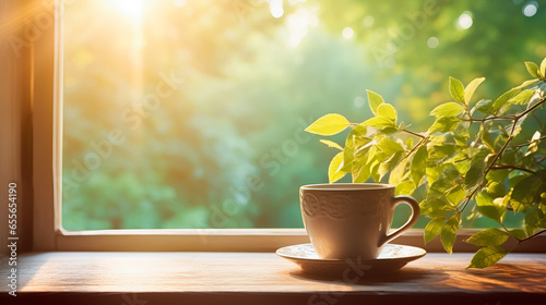 Cup of delicious  hot tea with apples in soft morning light. Serene and peaceful. Shallow field of view with copy space.